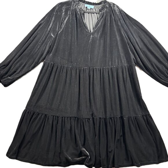 CeCe Black Velvet Tiered Dress Balloon Sleeves Stretch Babydoll Boho 3X D141 - Picture 1 of 9